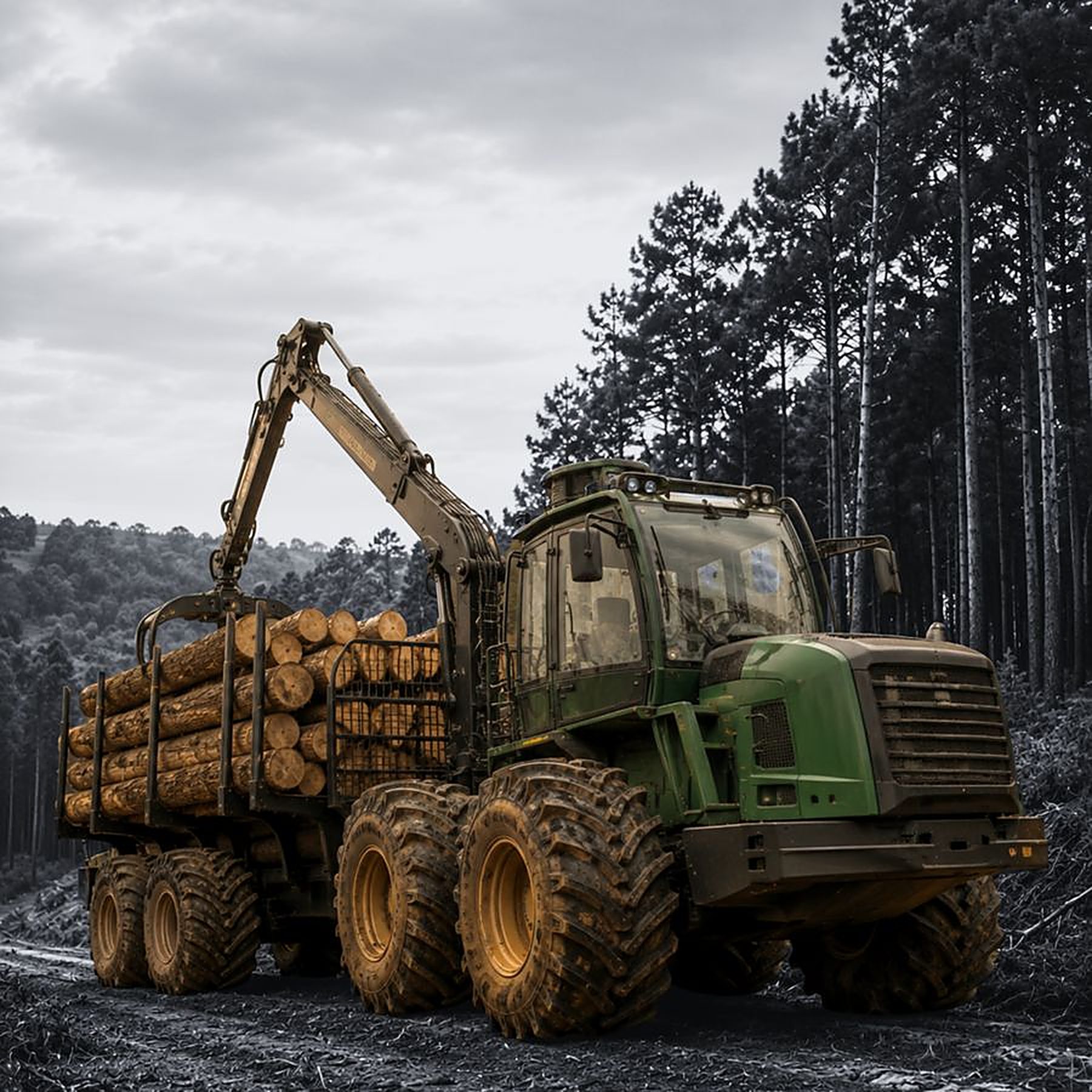 Forestry forwarder loaded with logs in a pine plantation
